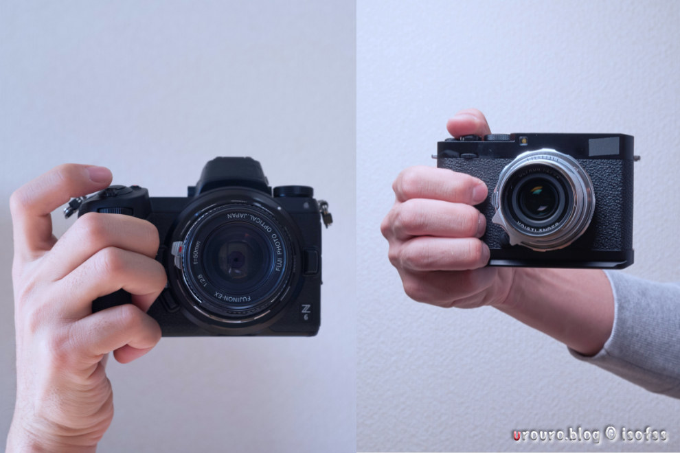 Nikon Z6とFUJIFILM X-E4の持った時のホールド感。