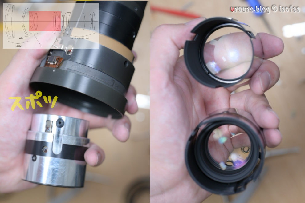 AF-S NIKKOR 80-200mm F2.8 D分解清掃手順17、ここが最終地。レンズをレンズを清掃して組み上げ直す。