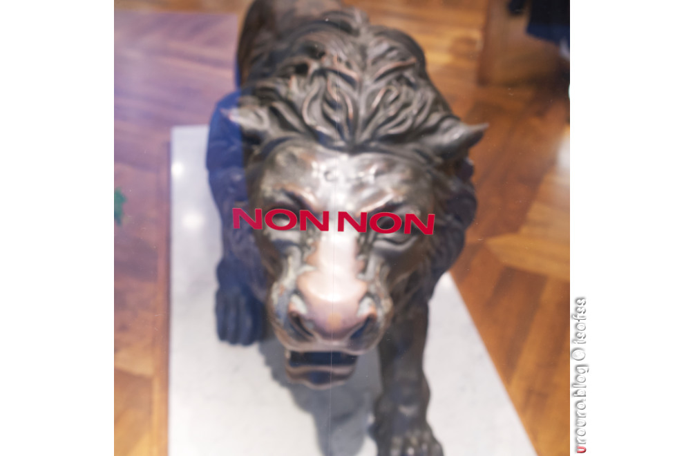 ガラス越しのライオン像をスクエア画角で撮影。