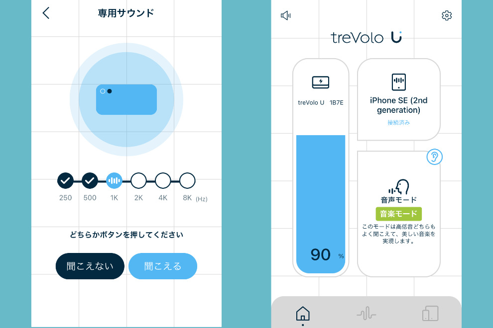 treVolo U専用アプリで聴力検査のような機能を使って専用サウンドを作れる。