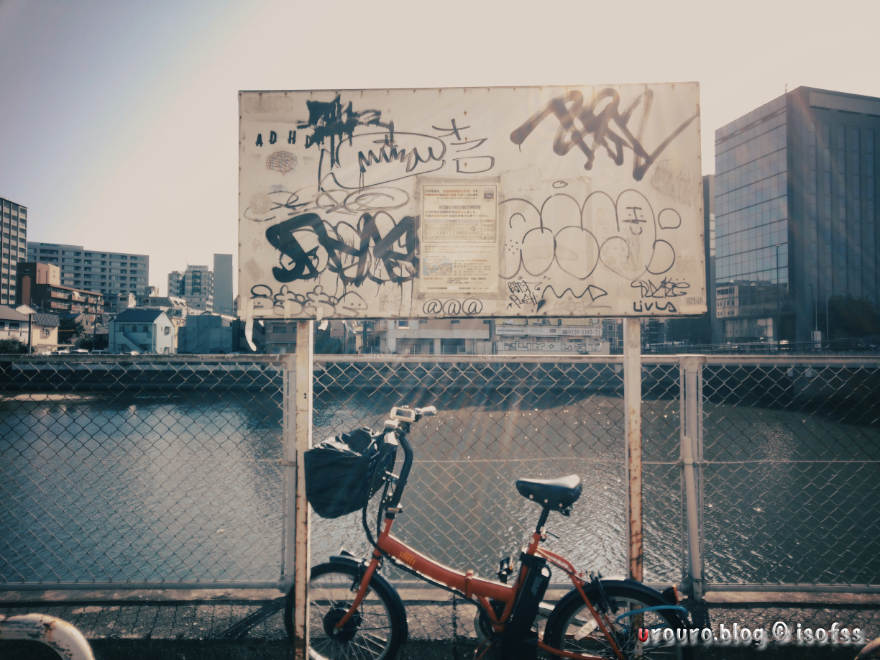 Paper Shoot Cameraでスナップ作例1。川辺に泊まっている自転車。