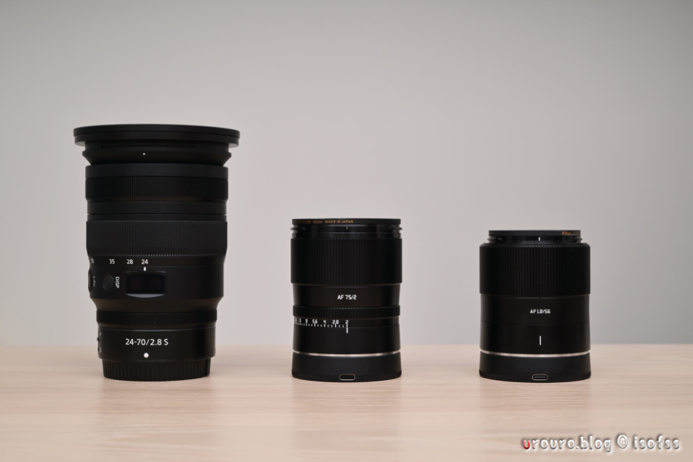 TTArtisan AF 75mm F2 を純正大三元やAPS-Cレンズと並べてサイズ比較している。やはり小さい。