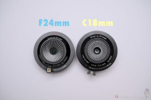 SG-image 24mm F6.3 ウルトラシンレンズと、APS-C版の18mm F6.3外観比較。レンズ前玉方向から。
