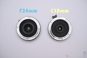 SG-image 24mm F6.3 ウルトラシンレンズと、APS-C版の18mm F6.3外観比較。後玉の比較。
