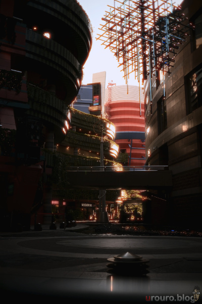 SG-image AF 25mm F1.8のRAWデータにDehancerのフィルムエミュレーションを掛け合わせてみた。キャナルシティ博多の建物がエモさが増して写っている。