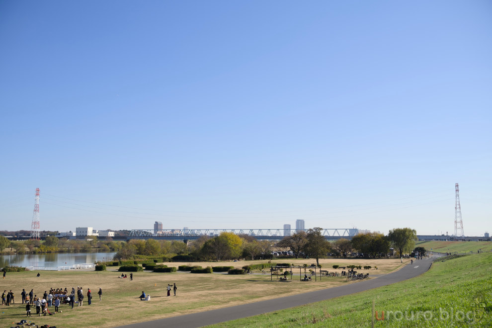 NIKKOR Z 24-70mm f/2.8 S IIで撮影した冬の河川敷。雲1つない青空が広がっている。